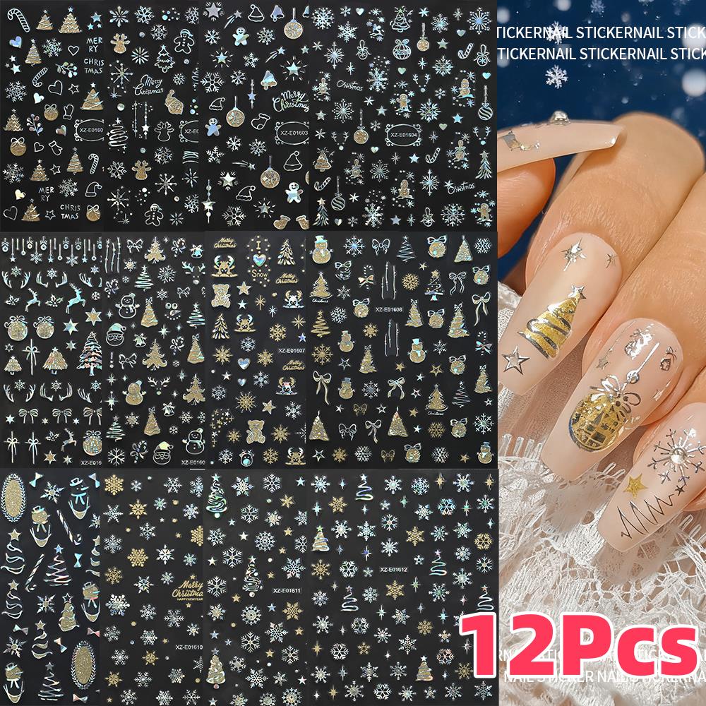 Nail Art Xmas Design - 12Pcs 3D Laser Silver Christmas Nail